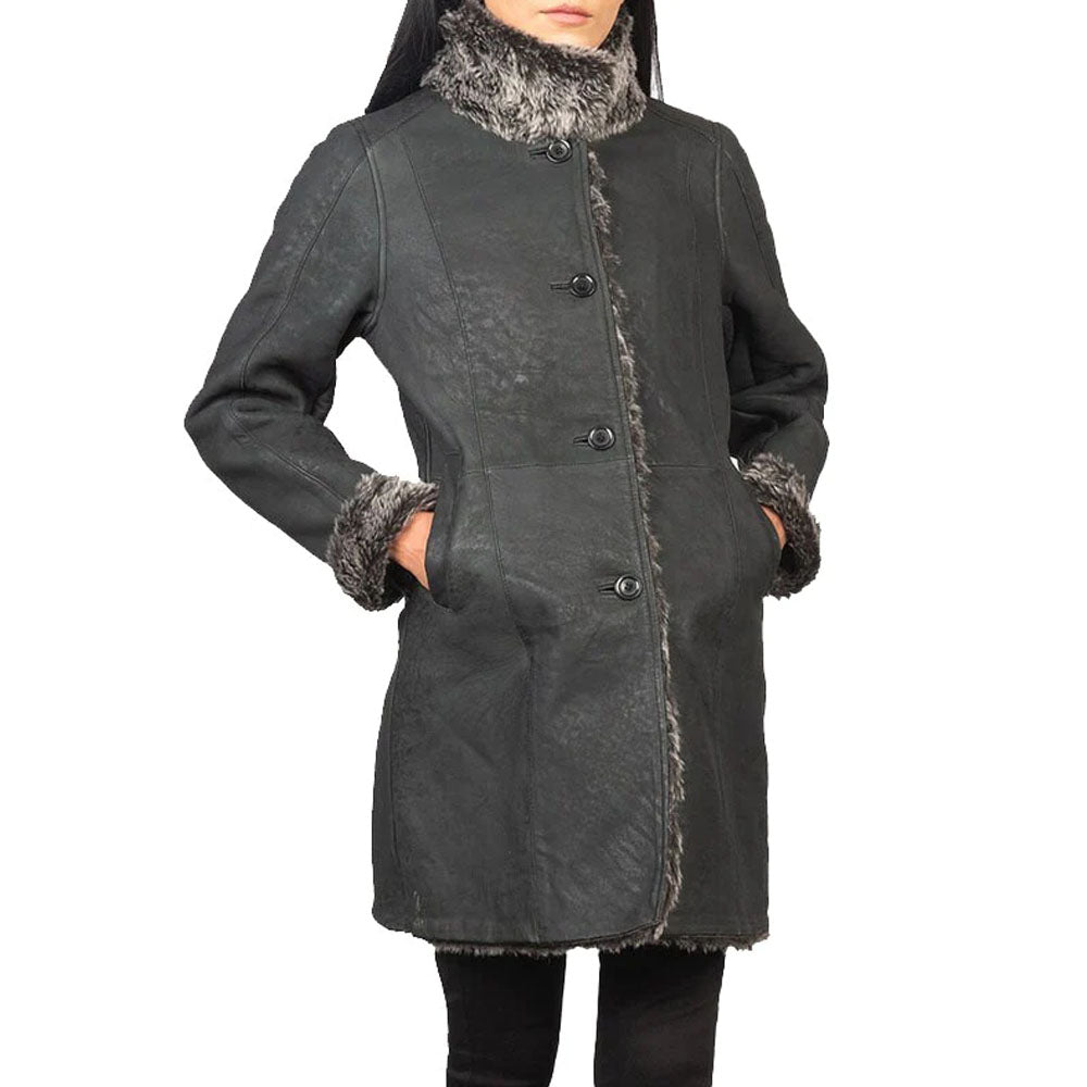 Women Black Shearling Leather Long Coat