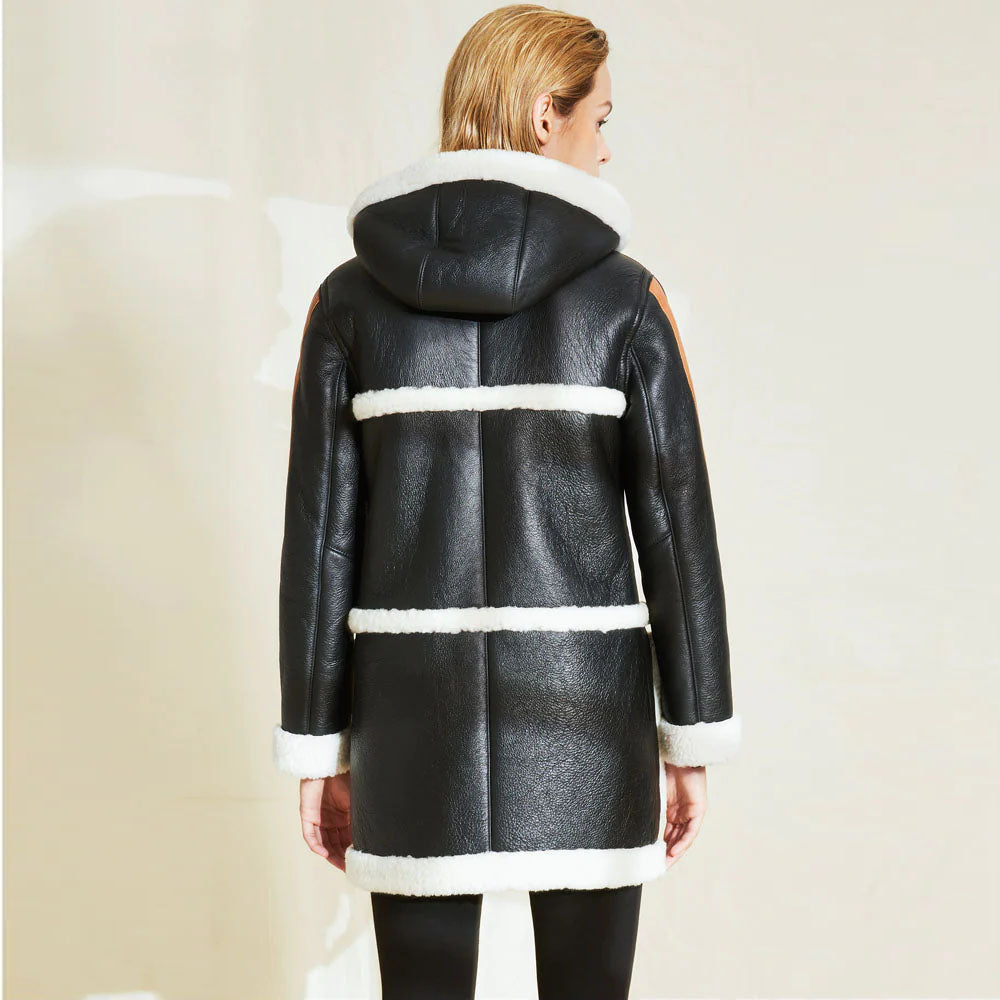 Women's Black Hooded Sheepskin B3 Bomber Shearling Leather Coat