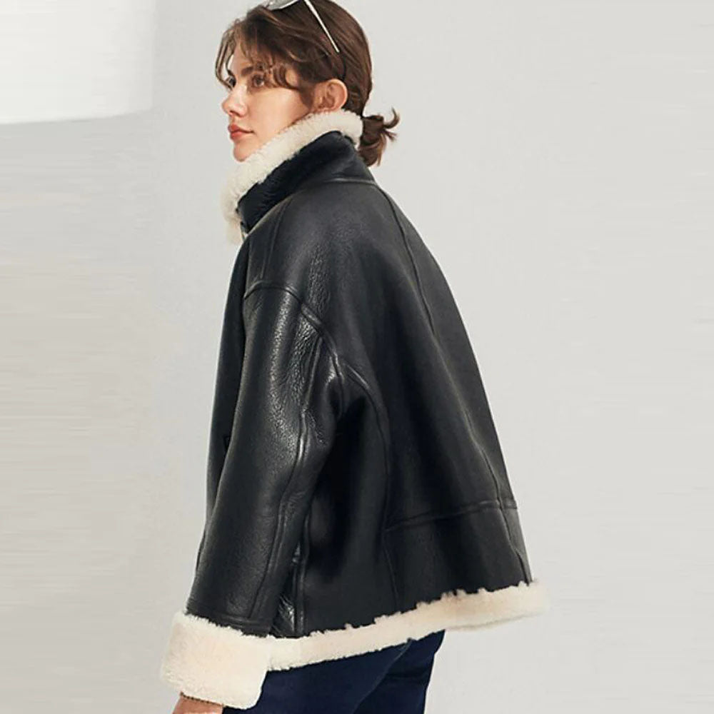 New Women's Black Shearling Leather Lapel Collar Coat