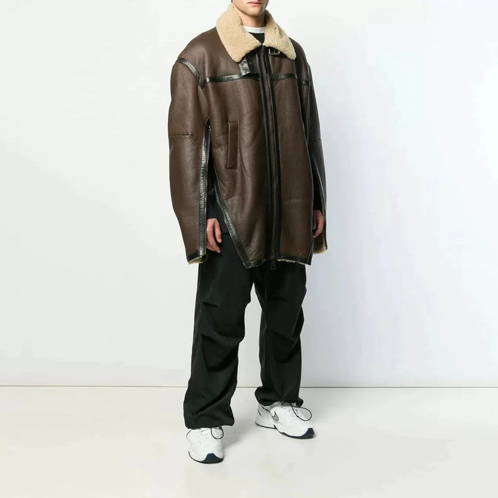 New Brown Shearling Aviator Leather Coat For Men