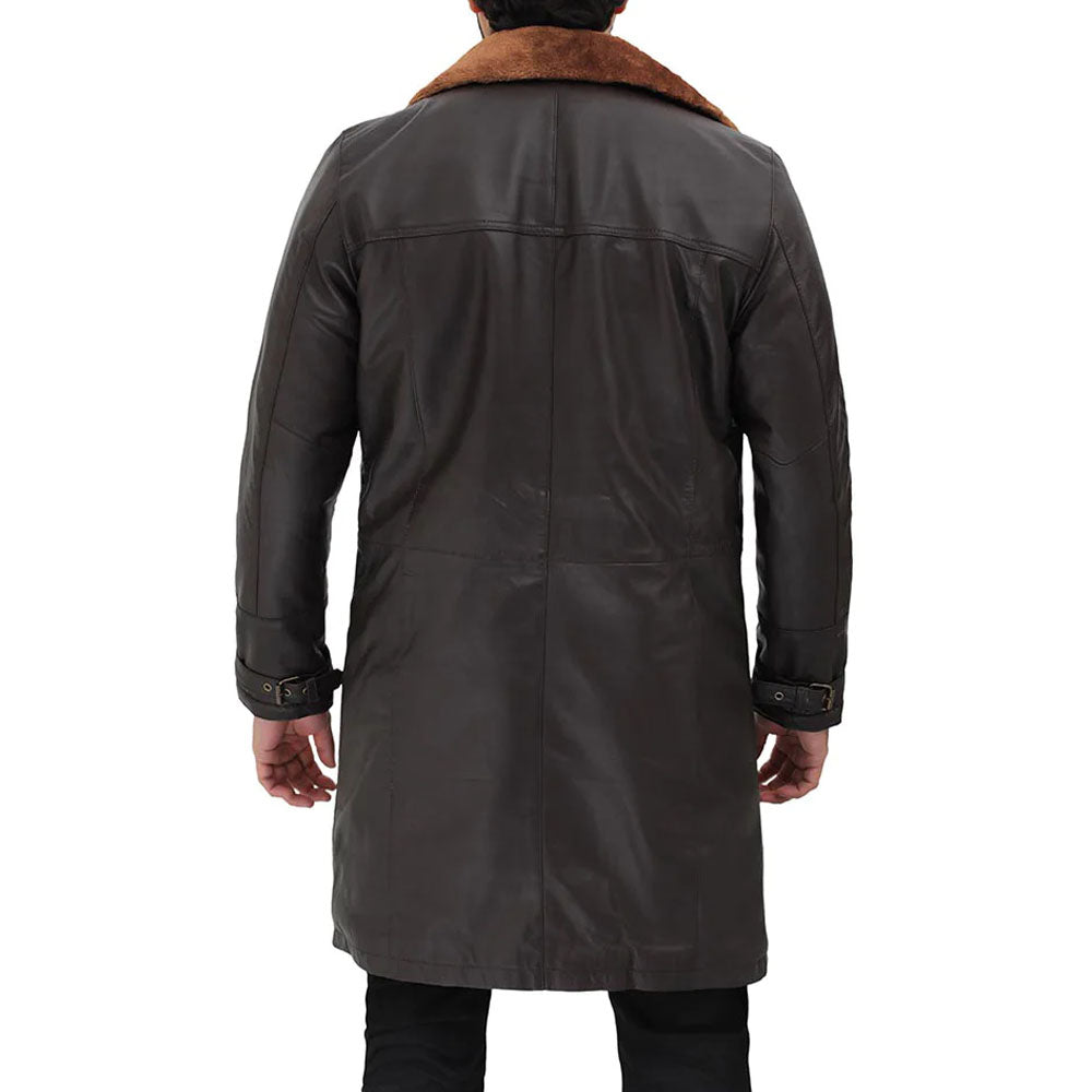 New Dark Brown Sheepskin Leather Shearling Long Coat For Men