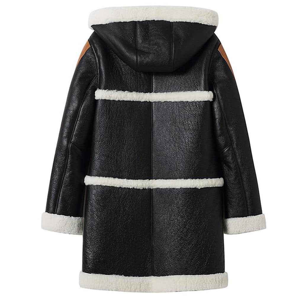 Women's Black Hooded Sheepskin B3 Bomber Shearling Leather Coat