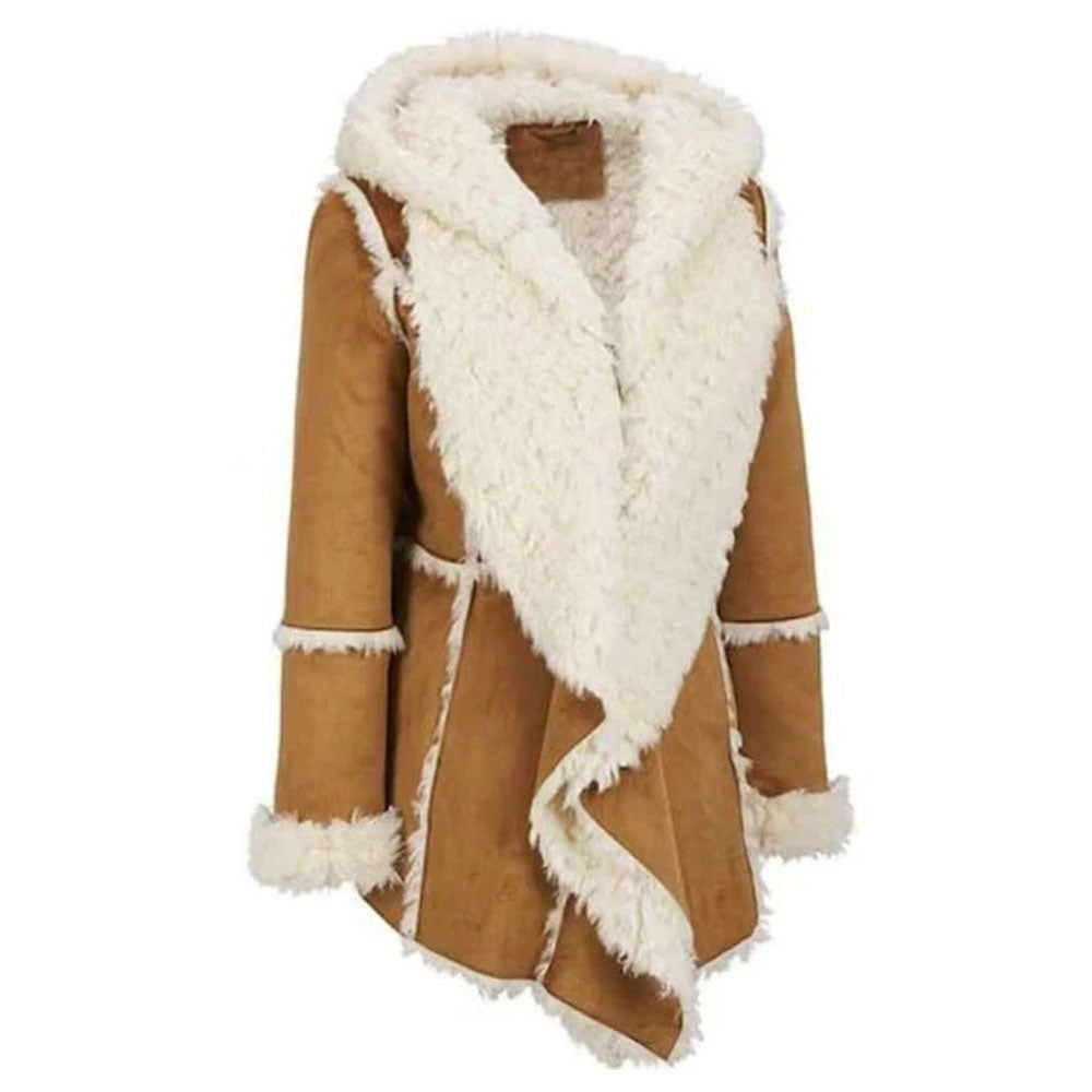 Brown Suede Leather Shearling Fur Coat For Women