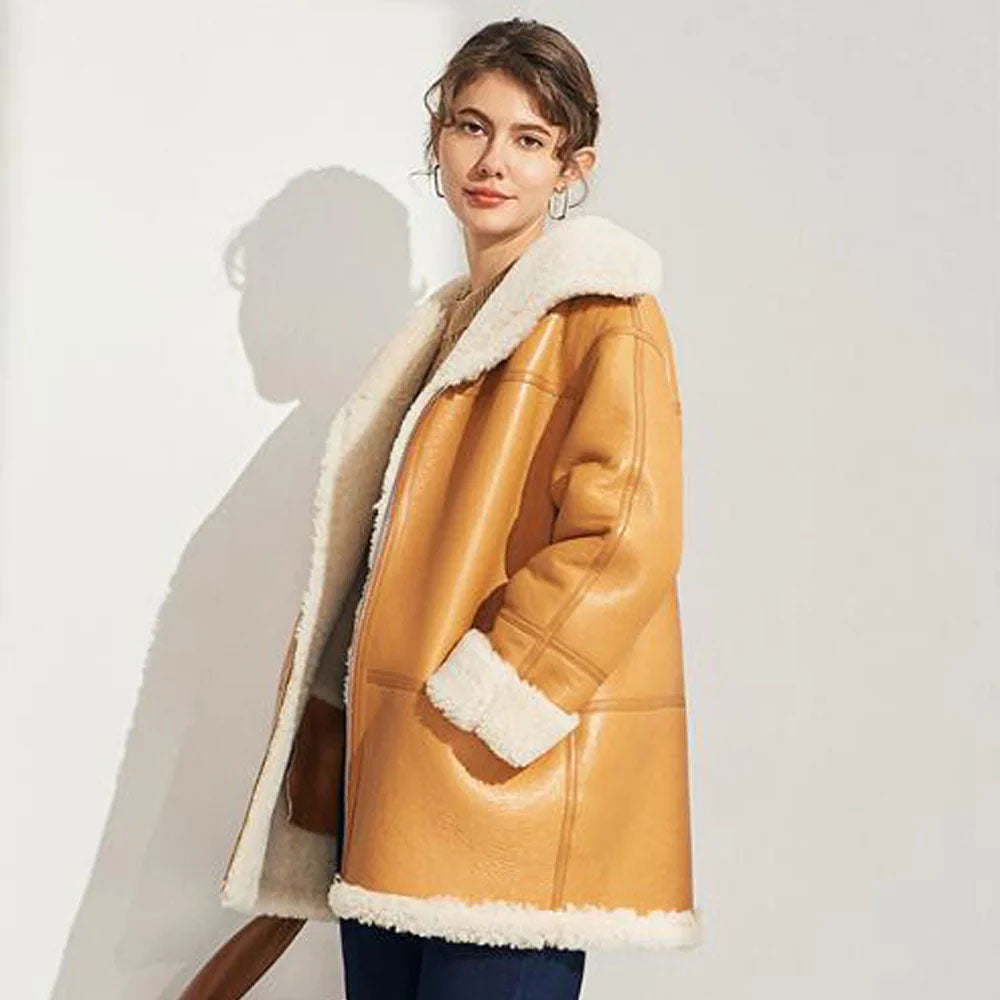 Women Brown Sheepskin Shearling Leather Coat