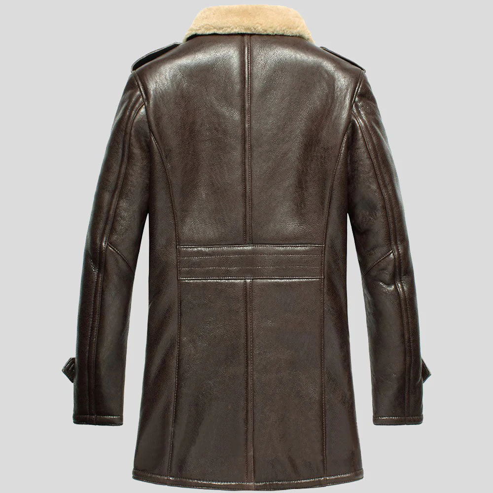 New Brown Sheepskin Double Breasted Shearling Leather Coat For Men