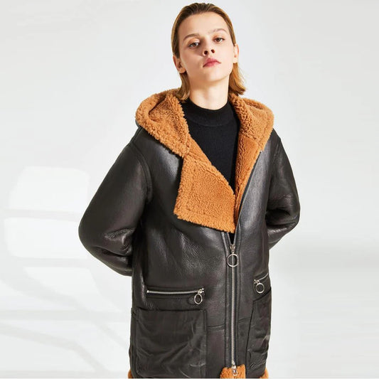 New Black Hooded Sheepskin Leather Shearling Long Coat For Women