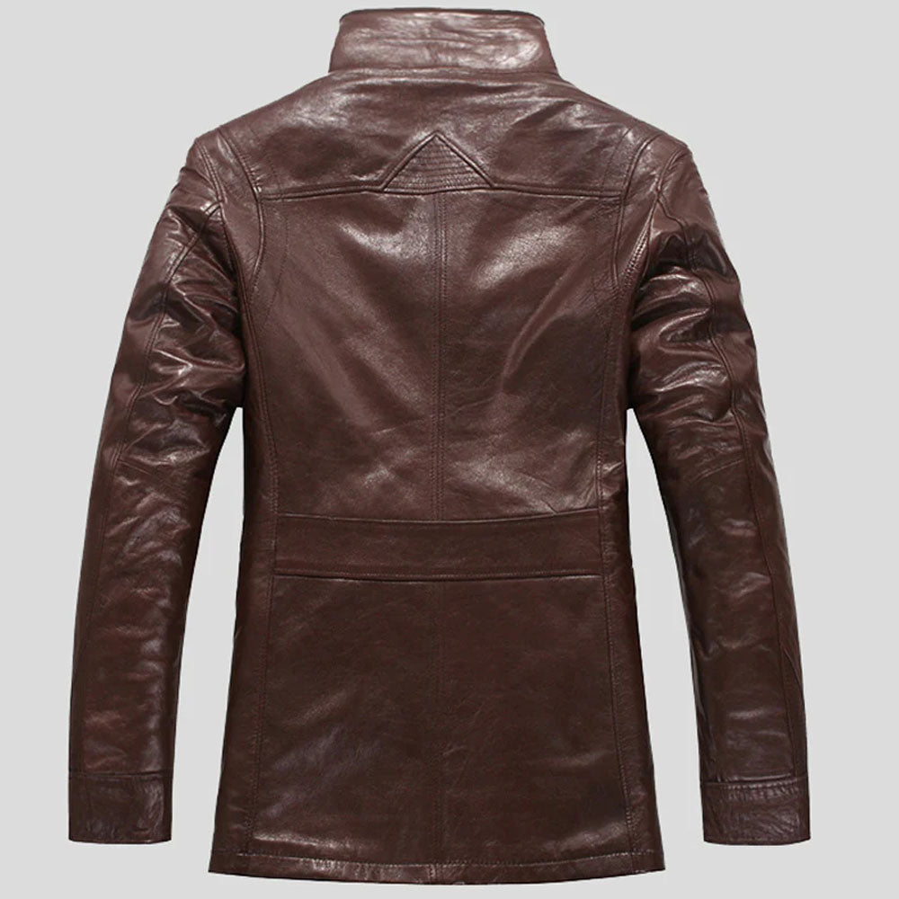 New Mens Chocolate Brown Sheepskin Fur Collar Shearling Leather Coat