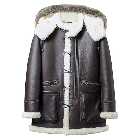 New Black Shearling Hooded Sheepskin Leather Coat For Men