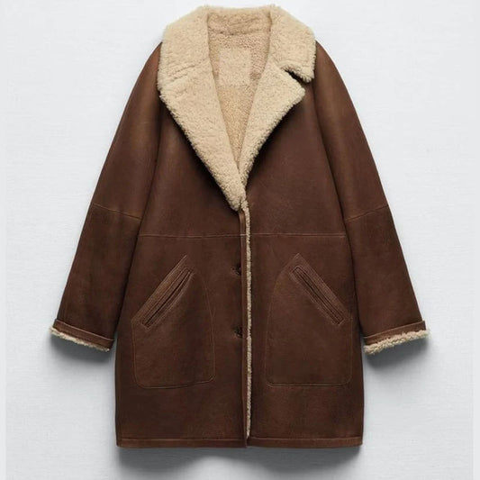 Women Brown Shearling RAF Sheepskin Leather Coat