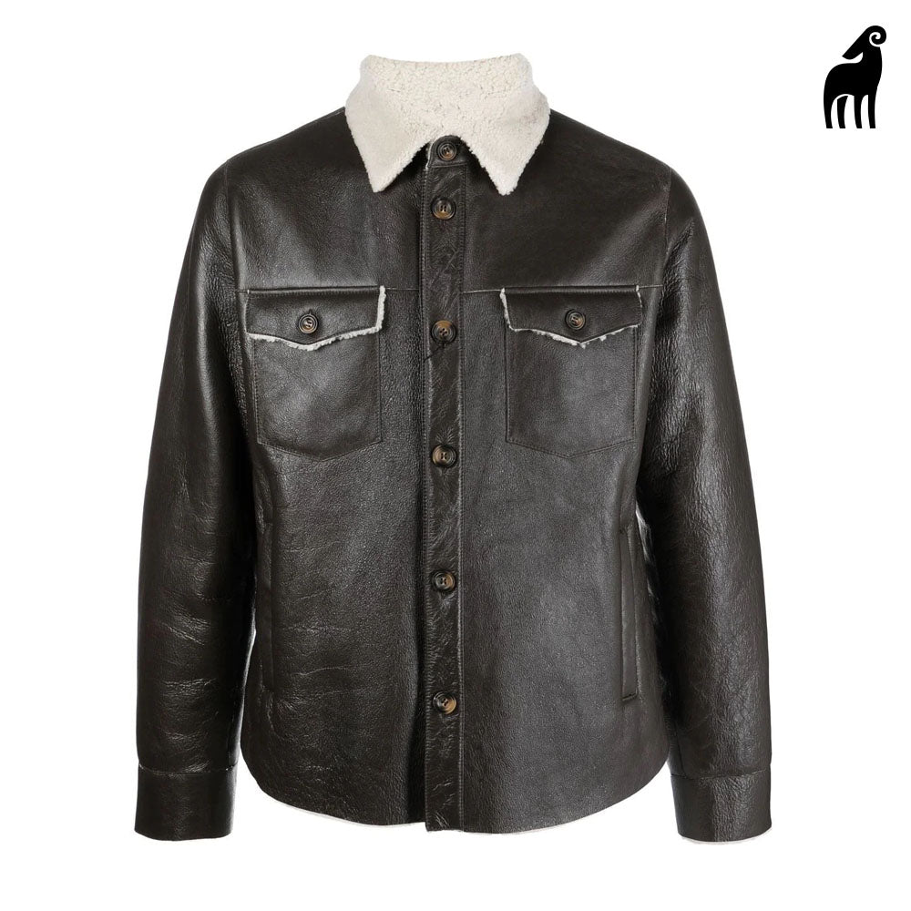 Dark Brown Trucker Sheepskin Shearling Collar Shirt Style Leather Jacket