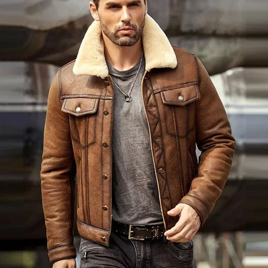 Men's Brown B3 RAF Trucker Sheepskin Shearling Leather Jacket