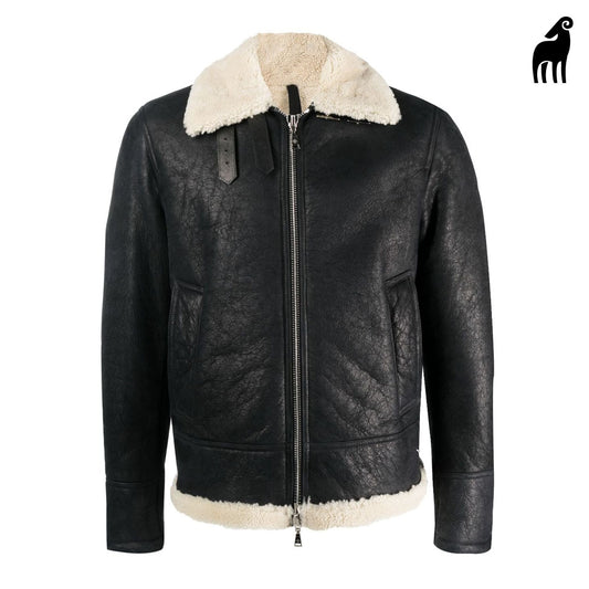 New Men Black B3 Aviator Sheepskin Long sleeve Shearling Leather Jacket