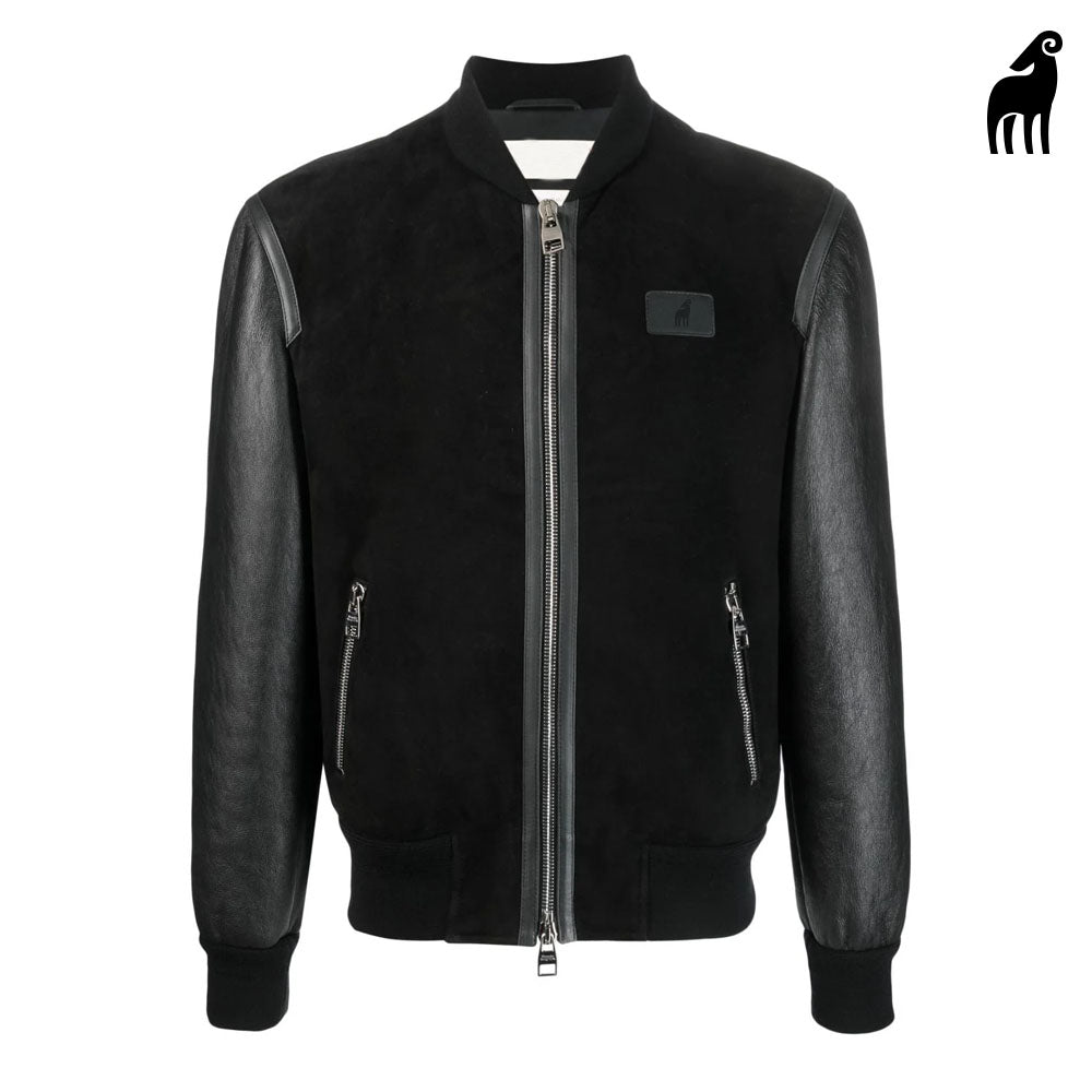 New Black Sheepskin Aviator Bomber Shearling And Suede Leather Jacket For Men