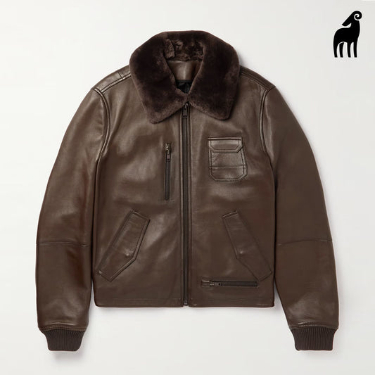 New Brown Sheepskin B3 Flying Aviator Slim-Fit Shearling Trimmed Leather Jacket