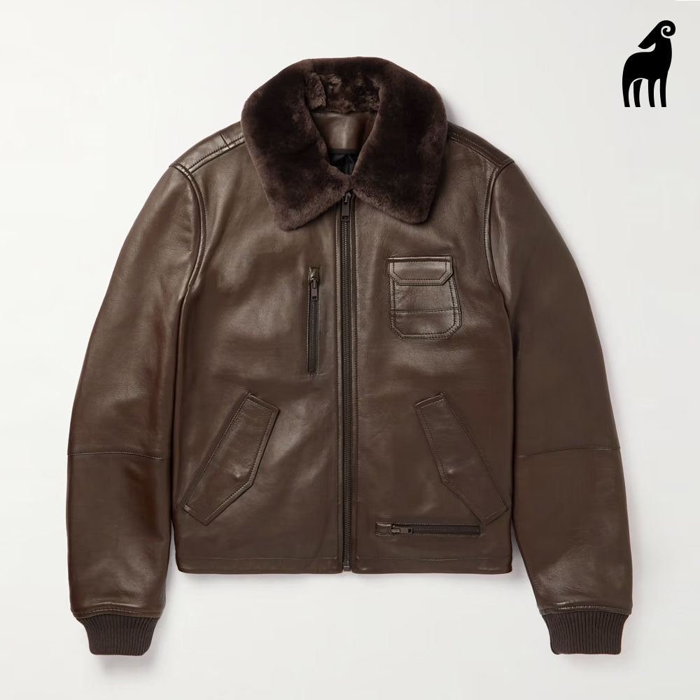 New Brown Sheepskin B3 Flying Aviator Slim-Fit Shearling Trimmed Leather Jacket