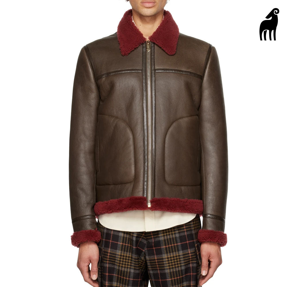 Men Brown Aviator Sheepskin Shearling Leather Jacket