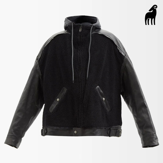 New Men Black Shearling And Leather Jacket With Hooded