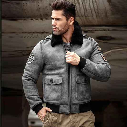 Mens Grey B3 RAF Flight Shearling Leather Jacket Coat