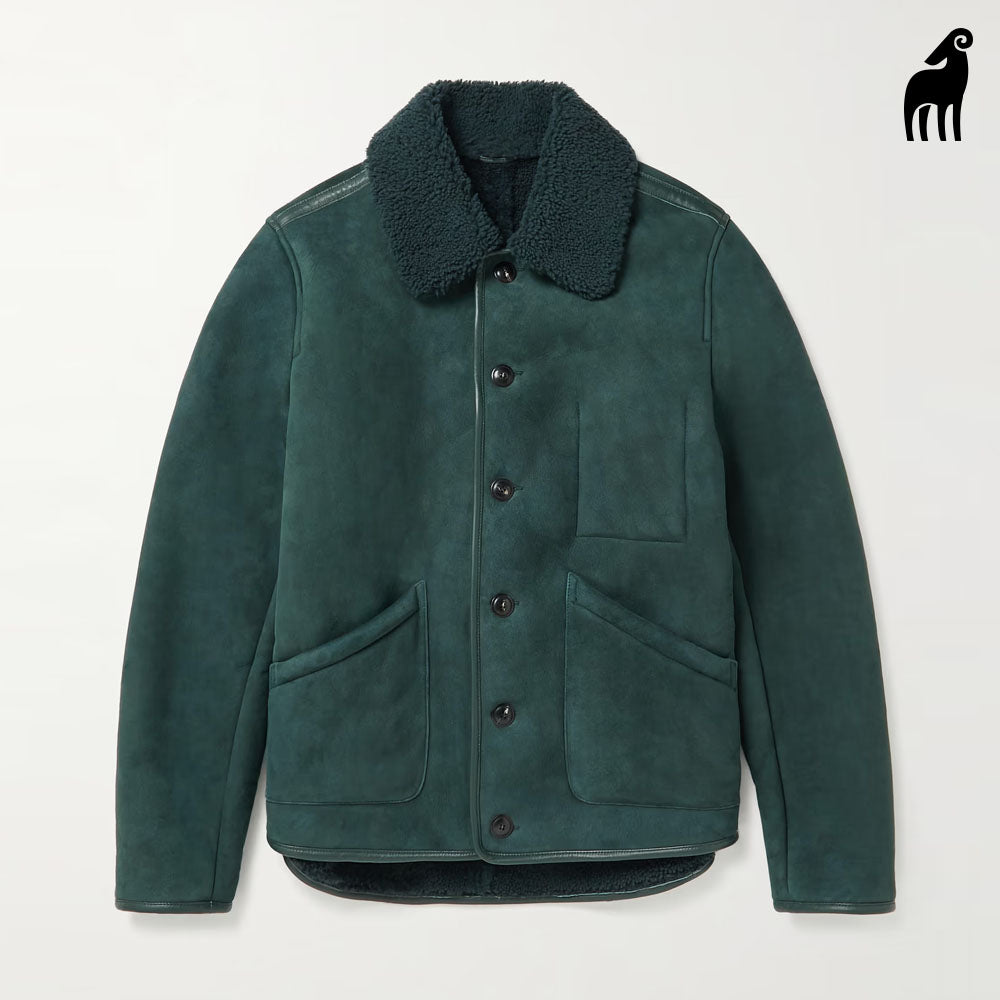 New Men Green Shearling Collar Trimmed Suede Leather Jacket