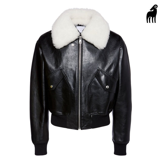 New Men Black Shearling Collar Bomber Sheepskin Leather Jacket