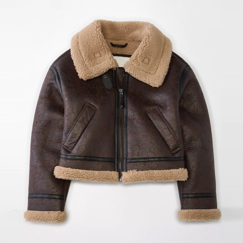Brown Cropped Aviator Sheepskin Shearling Leather Jacket For Women