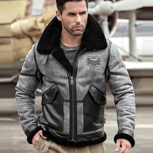 Men's Grey Airforce Sheepskin RAF Pilot Shearling Aviator Leather Jacket