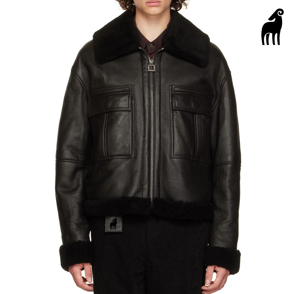 New Men Black Sheepskin Flight Shearling Leather Jacket