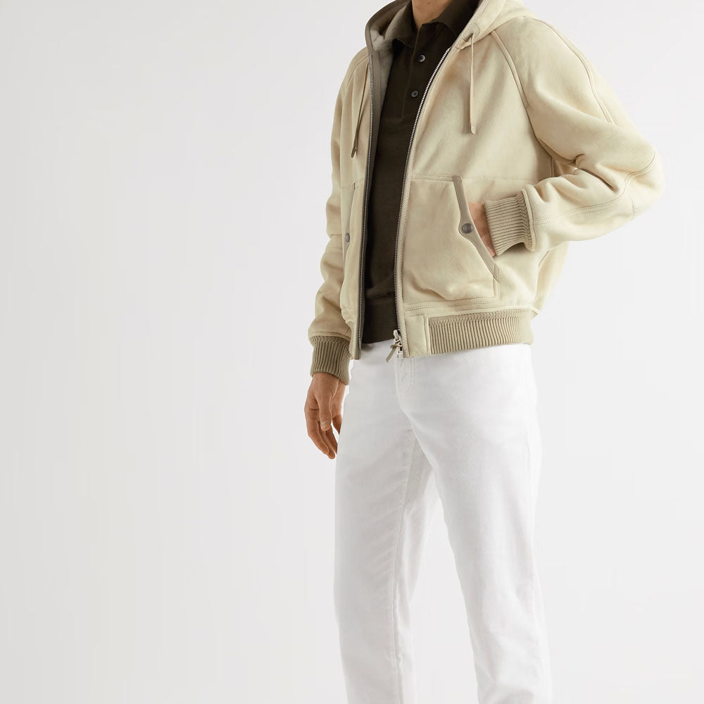 New men cream shearling leather-Trimmed bomber jacket with hooded