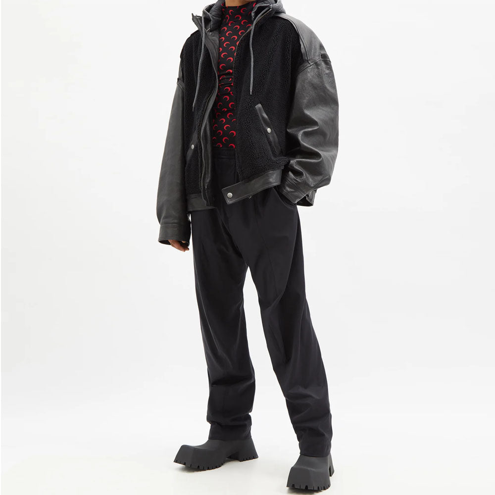 New Men Black Shearling And Leather Jacket With Hooded