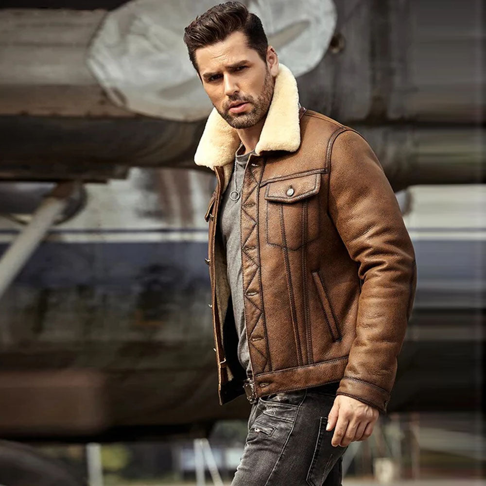 Men's Brown B3 RAF Trucker Sheepskin Shearling Leather Jacket