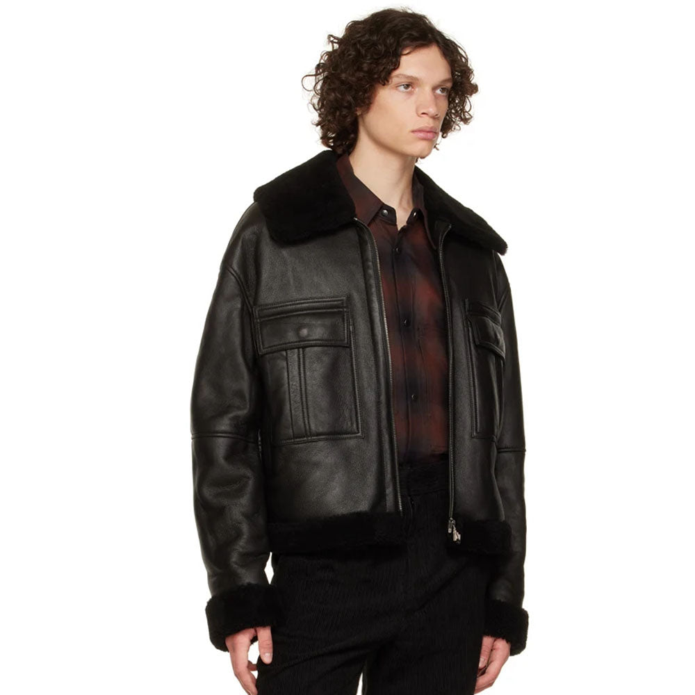 New Men Black Sheepskin Flight Shearling Leather Jacket