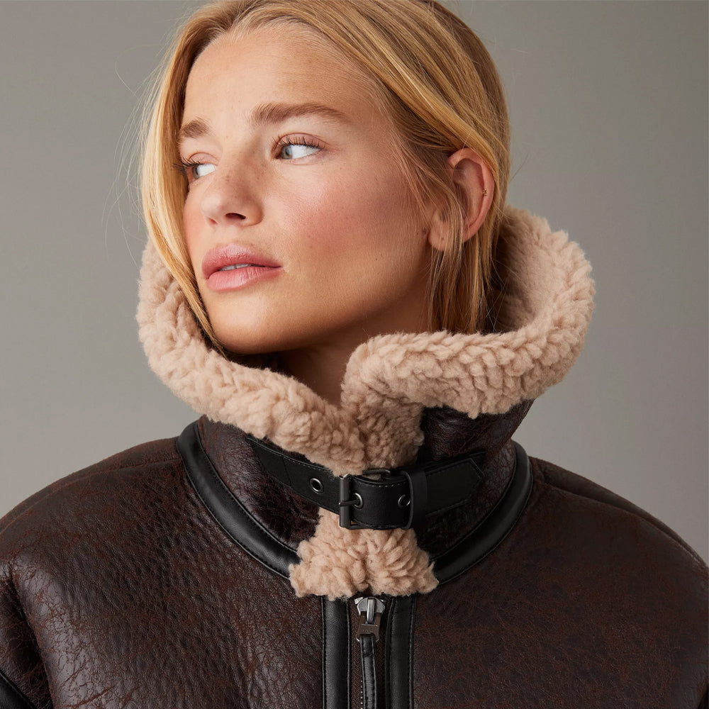 Brown Cropped Aviator Sheepskin Shearling Leather Jacket For Women