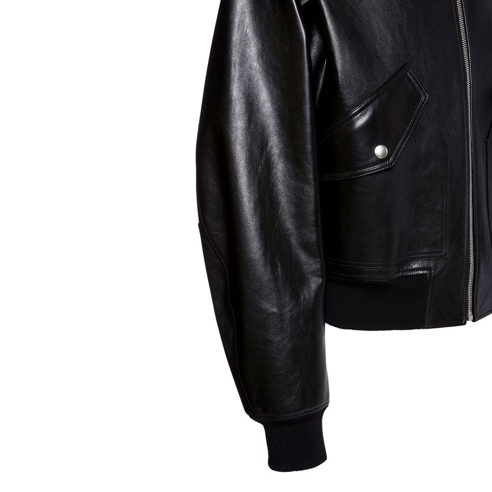 New Men Black Shearling Collar Bomber Sheepskin Leather Jacket