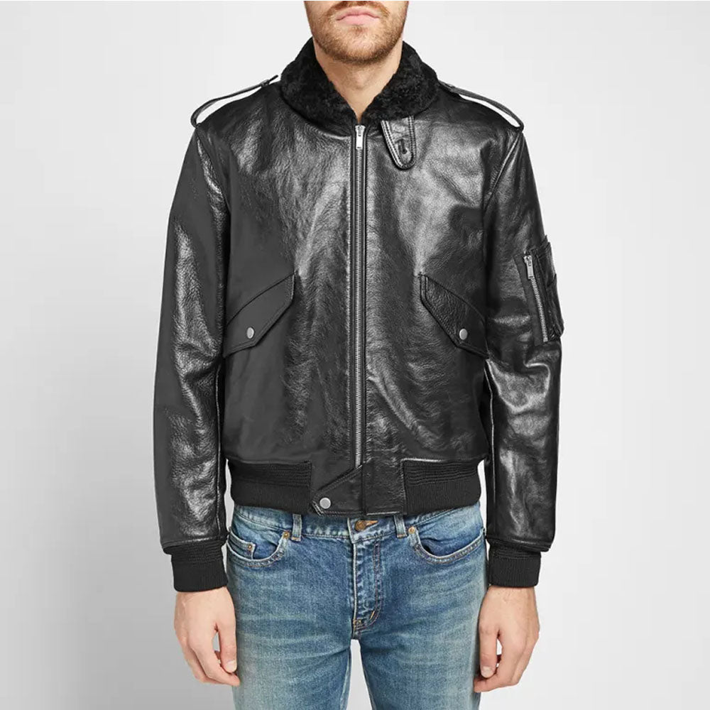 Men's Black Shearling Bomber Saint Laurent Leather Jacket