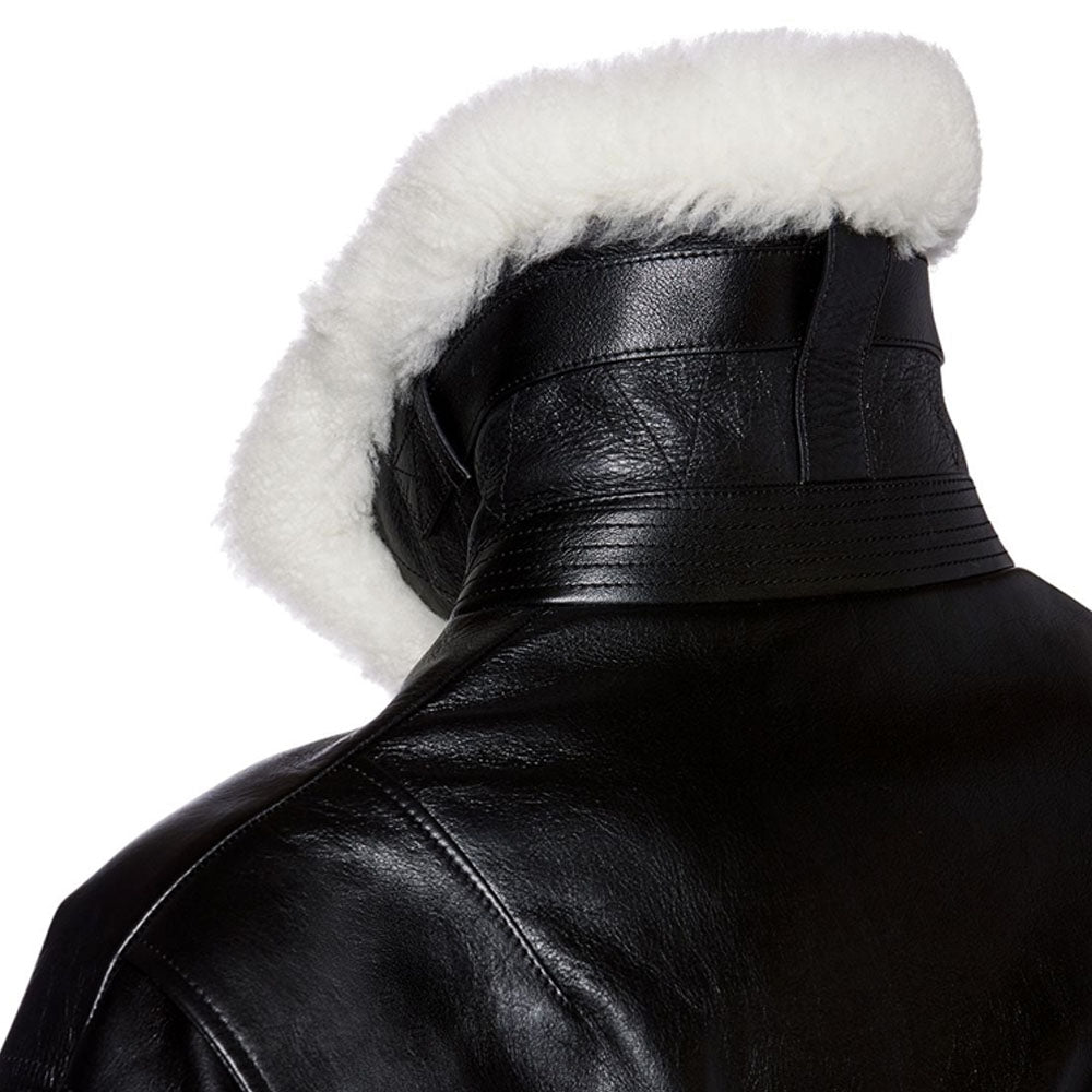 New Men Black Shearling Collar Bomber Sheepskin Leather Jacket