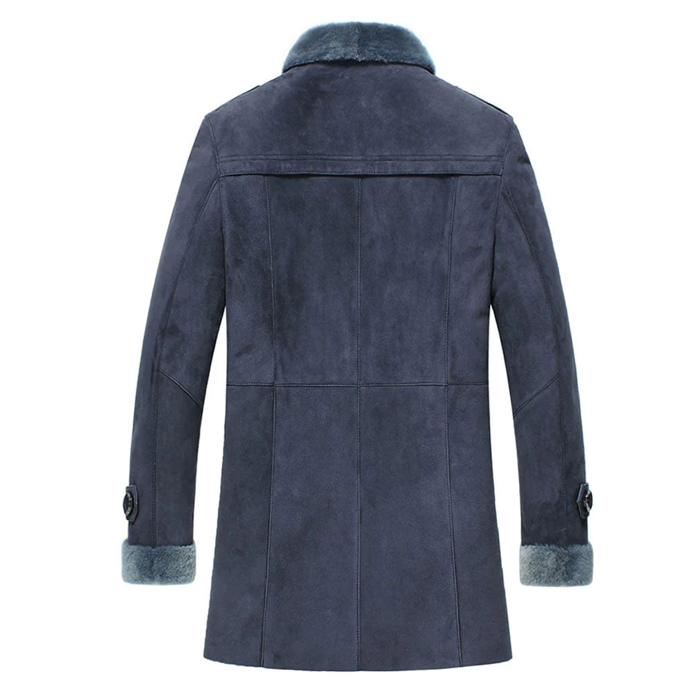 New Men Blue Sheepskin Lined Shearling Leather Coat