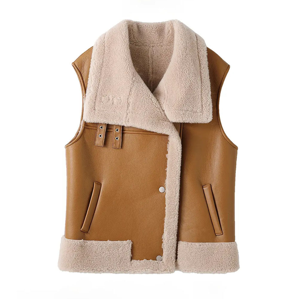 Women's Brown Sheepskin Shearling Vest With Oversized Collar