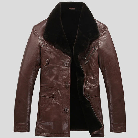 New Men's Chocolate Brown Sheepskin Fur Collar Shearling Leather Coat