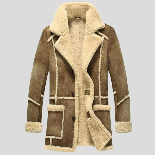 Men's Brown Sheepskin Reacher Long Leather Coat