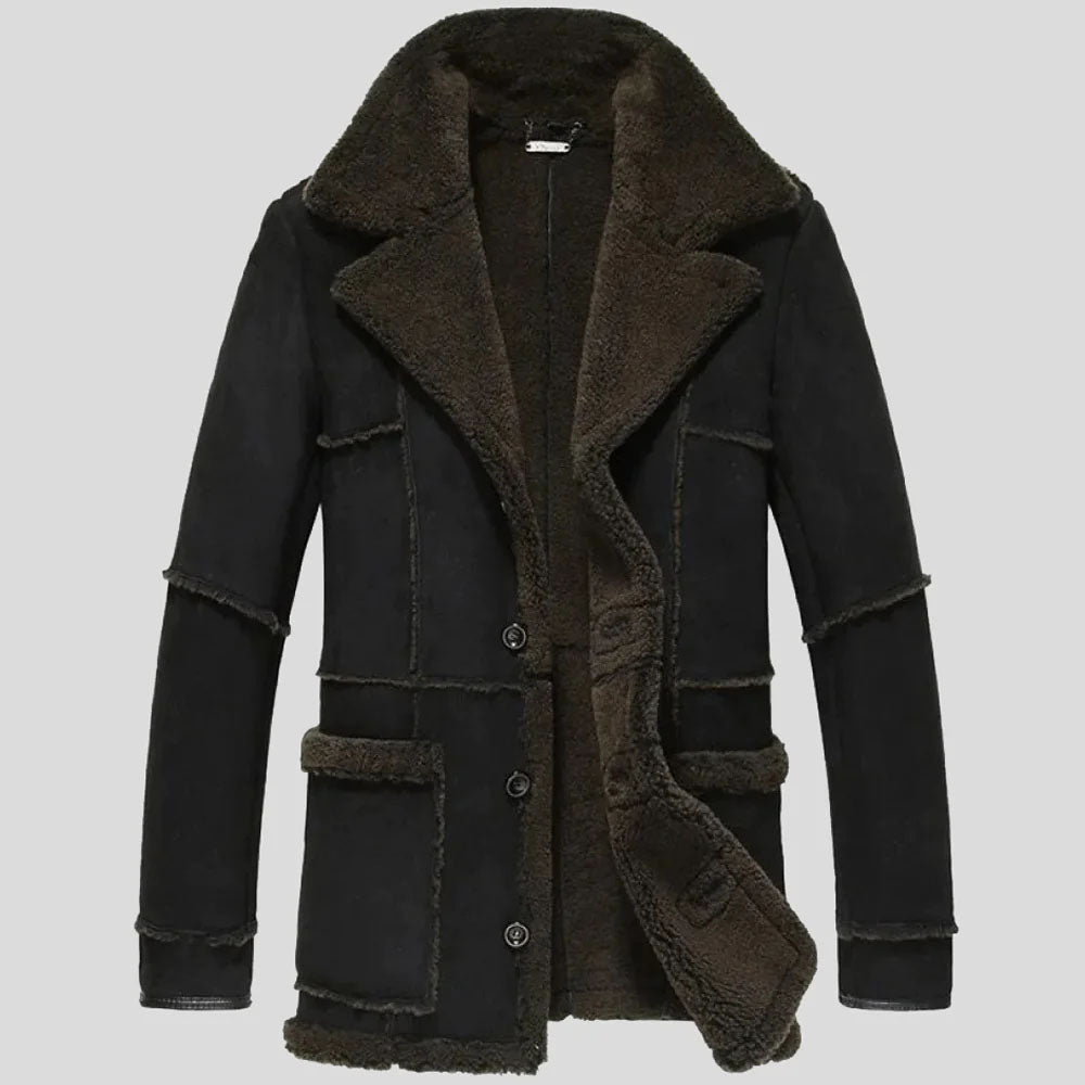 New Black Men's Sheepskin Leather Shearling Coat