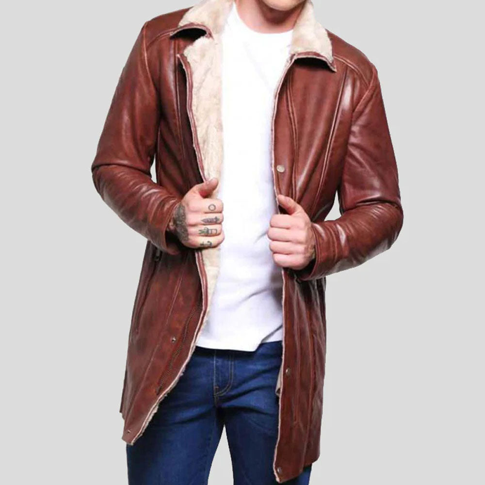 New Men's Brown Long Sheepskin Leather Shearling Coat