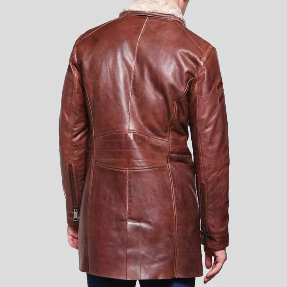 Brown Long Sheepskin Leather Shearling Coat