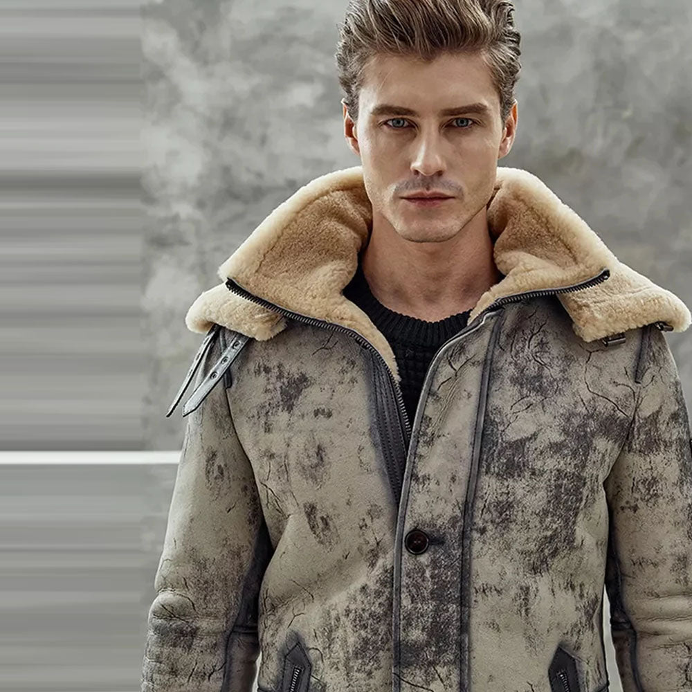 Men's Shearling Double Collar Bomber Aviator Leather Long Coat