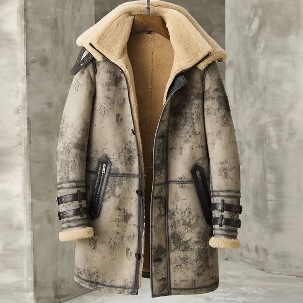 New Shearling Double Collar Bomber Aviator Leather Long Coat