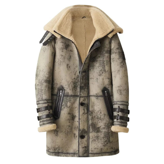 Full front view of men's distressed shearling trench parka with buckle cuffs