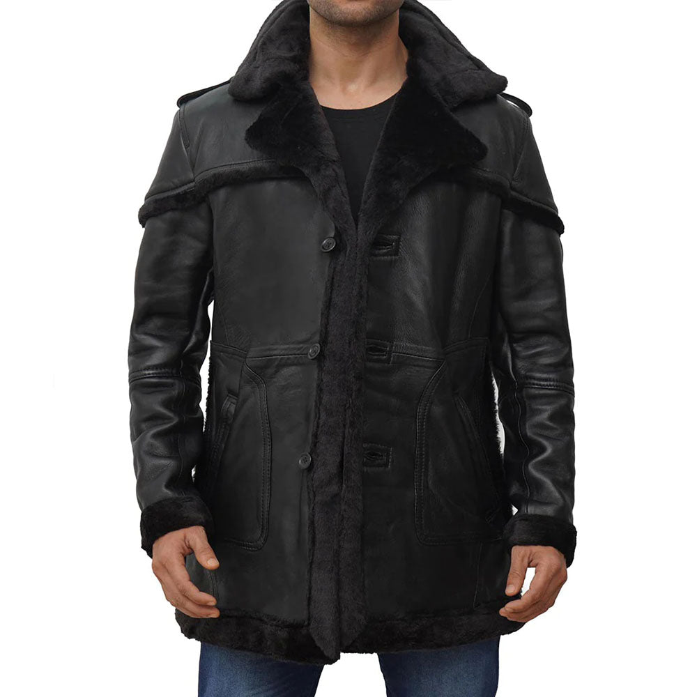 Men's Black Shearling Leather Long Coat