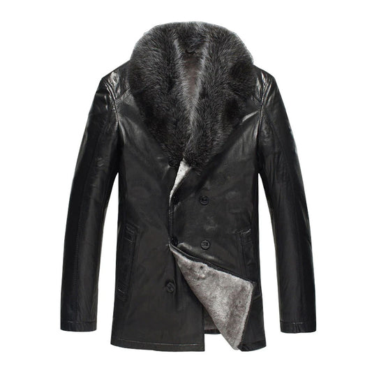 New Black Fur Collar Shearling Leather Long Coat For Men