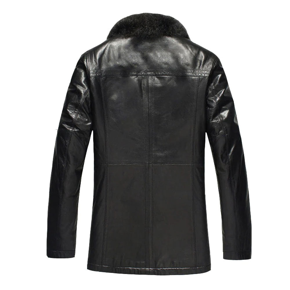 Black Fur Collar Shearling Leather Long Coat For Men