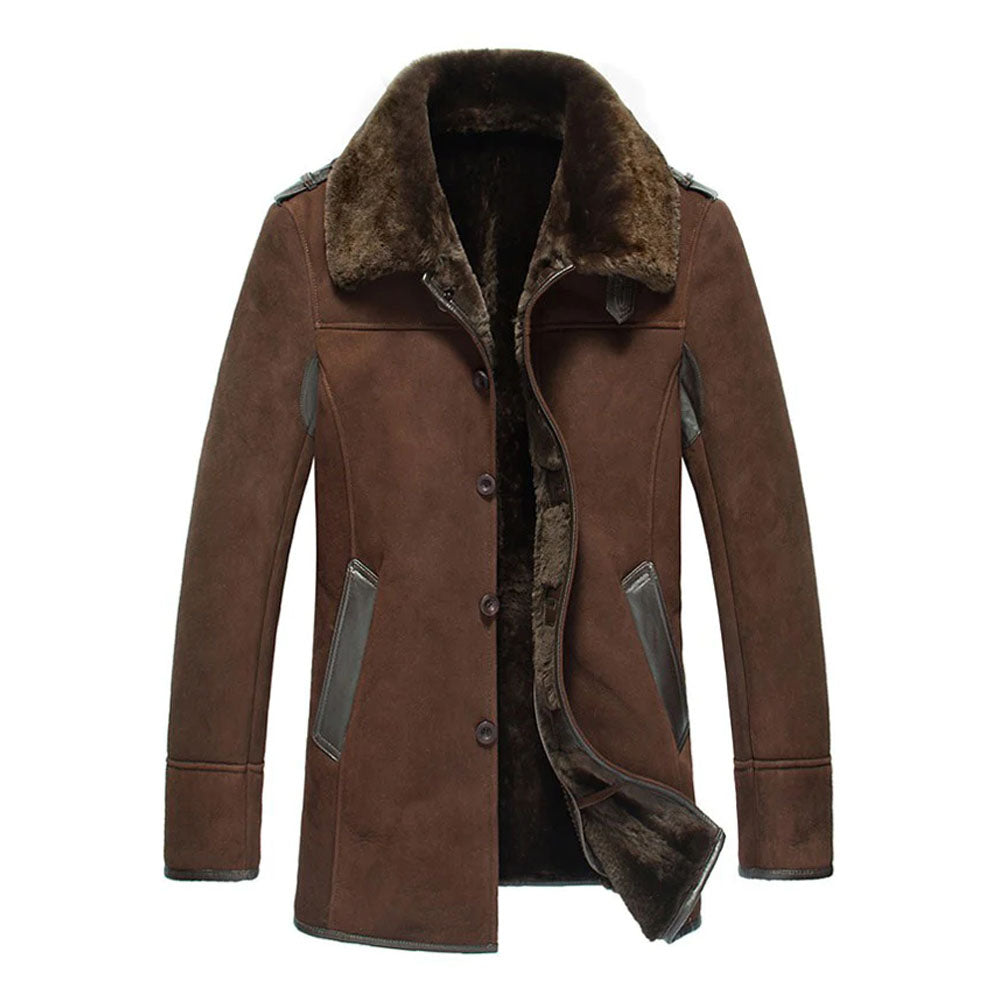 New Brown Fur Collar Shearling Sheepskin Leather Coat For Men