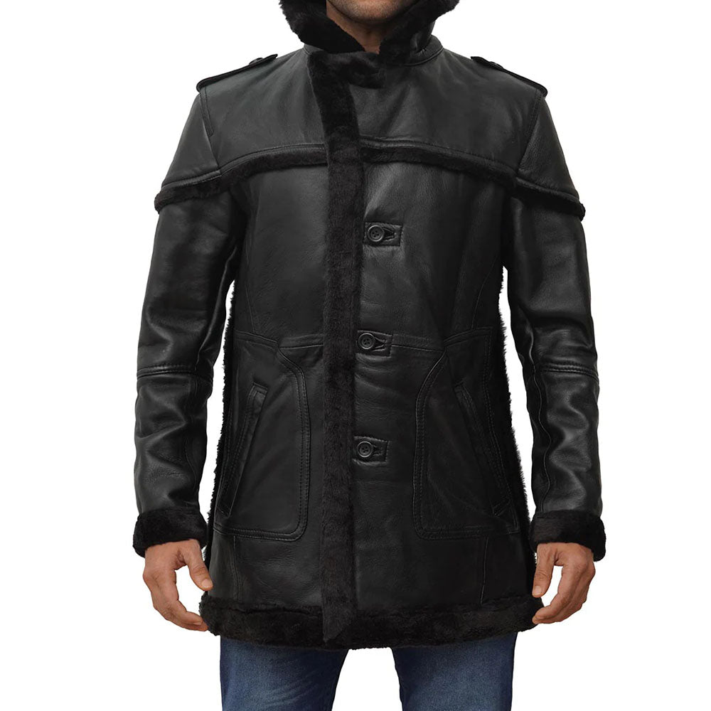 New Men's Black Shearling Leather Long Coat